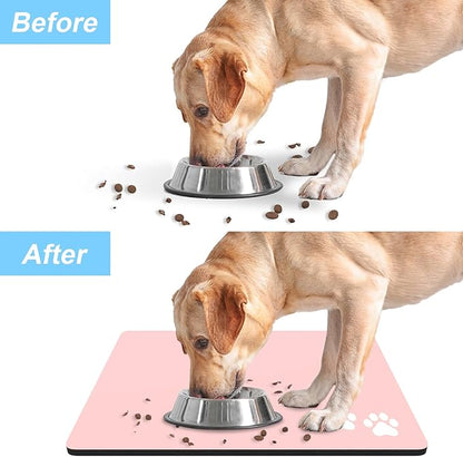 Rnivvi Dog Food Mat, 12" x 19" Footprint Absorbent Dog Cat Bowl Mat for Food and Water, Cute Anti-Slip Rubber Pet Feeding Rug Protect Floors, Puppy Placemat for Feeding & Watering Supplies, Pink