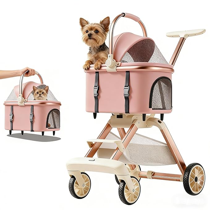 All-Terrain Pet Stroller for Small Medium Dogs & Cats, 30 lbs Capacity - Portable Carrier with One-Touch Brake, Lightweight Foldable Design & Shock Absorption Wheels,Pink