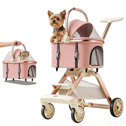 All-Terrain Pet Stroller for Small Medium Dogs & Cats, 30 lbs Capacity - Portable Carrier with One-Touch Brake, Lightweight Foldable Design & Shock Absorption Wheels,Pink