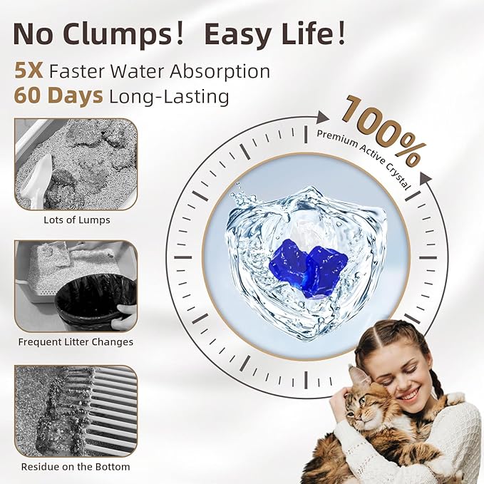 LaSyL Crystal Cat Litter for Multi-Cat Households - 17.2 lb Silica Gel, 30-Day Odor Control, 99.9% Dust-Free Non-Clumping Low Tracking Lightweight Unscented Formula (4 Bags x 4.3lb)