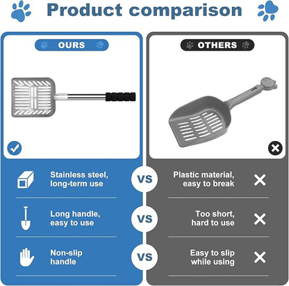 Cat Litter Spoon Metal Removable Stainless Steel Long Handle Cat Litter Screen Non-Stick Coated with Adjustable Handle and Soft Grip Heavy Duty Pet Cat Litter Shovel with 1 Pcs Hook