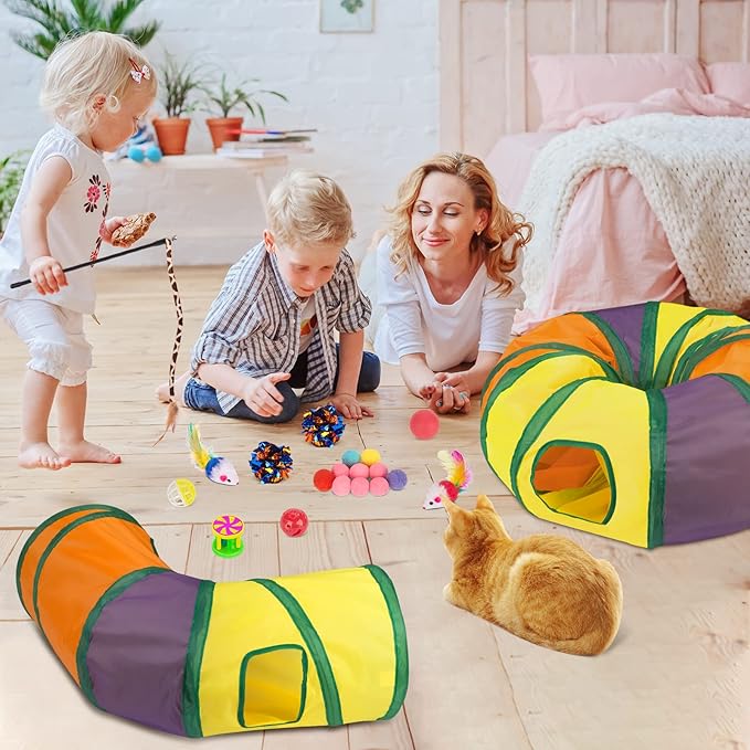 Retro Shaw 33Pcs Cat Toys, Large Cat Tunnels with Toys, Interactive Kitten Toys for Indoor Cats Kitty, Collapsible Cat Tube Tent Feather Wand Teaser Bell Fuzzy Ball Crinkly Springs Mouse