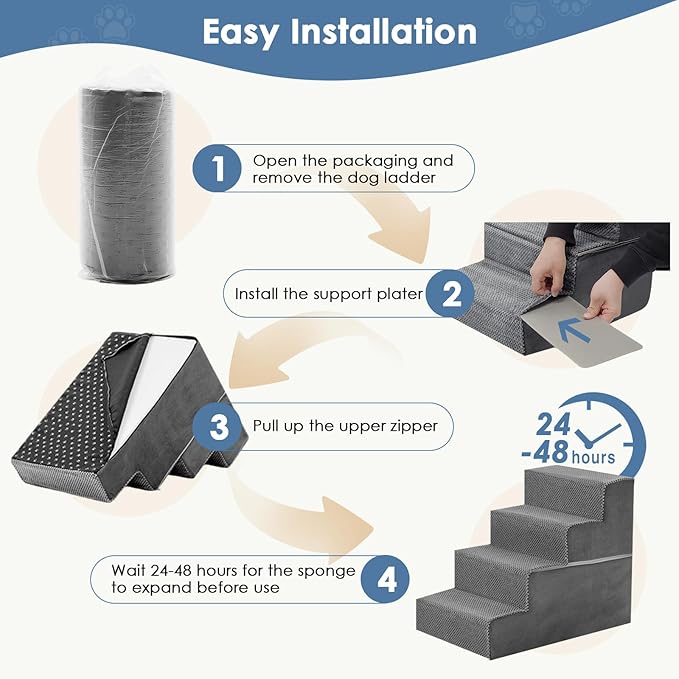 DUMOS Dog Stairs for Small and Medium Dogs, 4-Step Pet Steps with High-Density Foam, Indoor Non-Slip Pet Ramp for Puppy and Older Dogs Cats, Dog Bed Stairs for Couch and Sofa, Grey