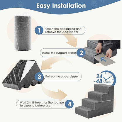 DUMOS Dog Stairs for Small and Medium Dogs, 4-Step Pet Steps with High-Density Foam, Indoor Non-Slip Pet Ramp for Puppy and Older Dogs Cats, Dog Bed Stairs for Couch and Sofa, Grey