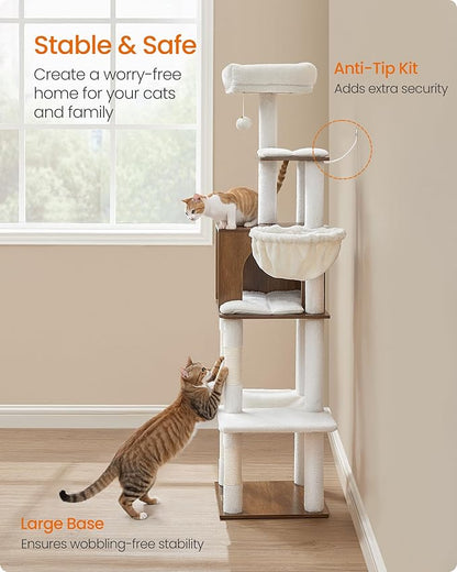 Feandrea Cat Tree, 65-Inch Tall Cat Tower, Multi-Level Condo with Cave, Basket, Hammock, Pompom, Scratching Posts, Honey Brown UPCT118K03