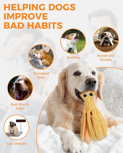 Crinkle Squeaky Dog Toys for Medium Dogs, Durable Plush Chew Toys for Tough Play, Interactive Tug of War Toy, Teething Gift to Keep Them Busy and Relieve Boredom (Yellow Octopus)