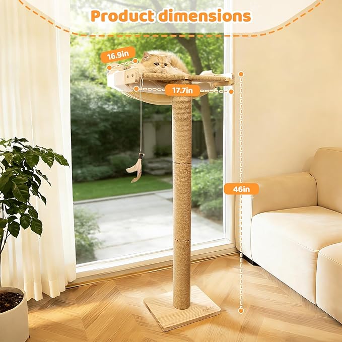 Cat Window Perch with Scratching Post, 46" Adjustable Tall Scratching Posts & Suction Cup – White Rabbit Fur Pad, Multi-Level Perch for Climbing, Bird Watching, Play, Supports 45 lbs (Drilling-Free)