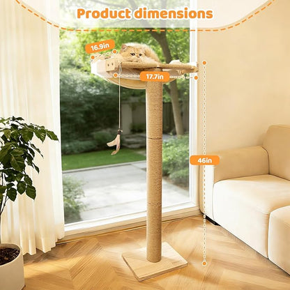 Cat Window Perch with Scratching Post, 46" Adjustable Tall Scratching Posts & Suction Cup – White Rabbit Fur Pad, Multi-Level Perch for Climbing, Bird Watching, Play, Supports 45 lbs (Drilling-Free)