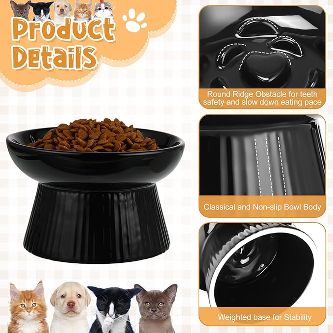 Tioncy 2 Pcs Raised Cat Slow Feeder Bowl Ceramic Elevated Cat Dog Food Bowl No Spill High Edge for Dry Wet Food and Water Easy to Clean, Dishwasher Safe (Dark Green,Black)