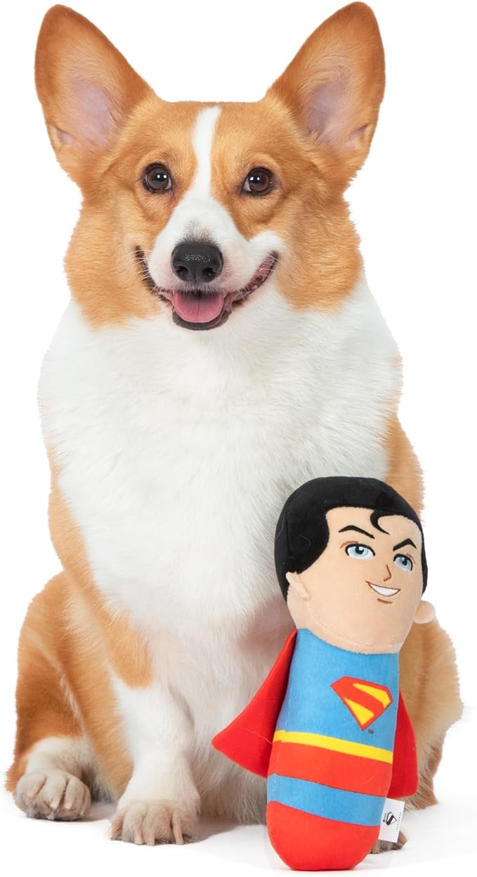 DC Comics Superman 8” Plush S-Shield Toy for Dogs with Squeaker, Inspired by The Film, Officially Licensed DC Super Heroes Pet Product