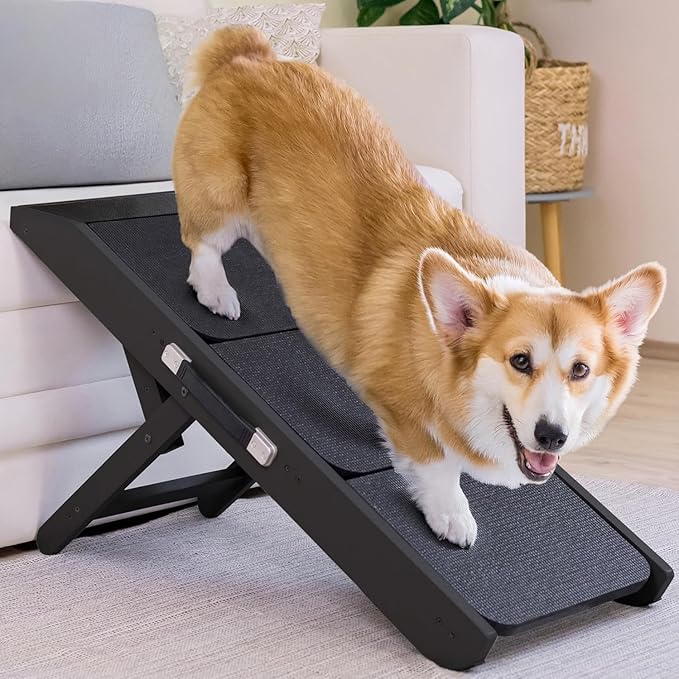 Dog ramp for Couch – Non-Slip, Sturdy Build Foldable Dog ramp – Supports up to 200lbs – Adjustable 7'' to 20'' – Landing Platform Seamlessly Connects – Birchwood Pet Ramp for Small Dogs –Black
