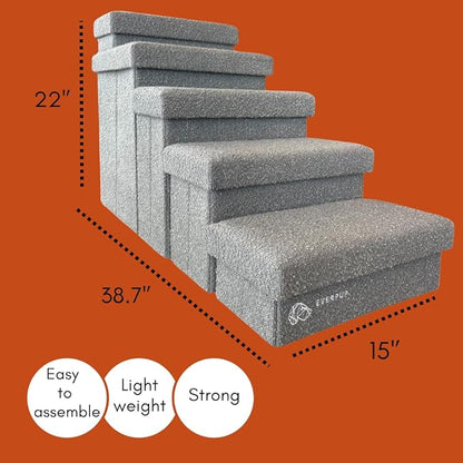 5-Step Dog Stairs for Small, Medium Dogs with Storage Box - Durable Folding Pet Steps, Padded Lid and Container; Dog Steps for Bed and Couch + Hair Brush Gift (Light Grey, Large, 5.0.)