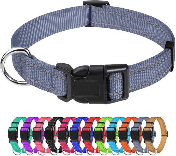 TagME Reflective Nylon Dog Collars, Adjustable Classic Pet Collar with Quick Release Buckle for Small Dogs, Grey, 3/4" Width