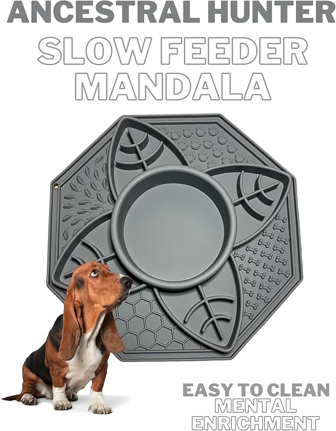 Mandala Slow Feeder Bowl Grub Lick Mat for Dogs & Cats with Suction Cups- Silicone Mandala Slow Feeder Lick Mat Dog Bowl - Non Slip Dog Bowl for Small Medium Large Breed (Slate Grey)