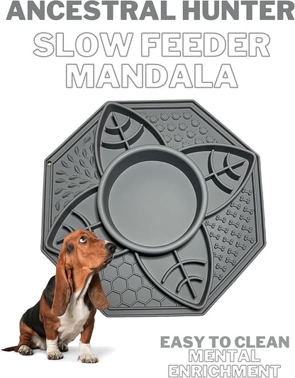 Mandala Slow Feeder Bowl Grub Lick Mat for Dogs & Cats with Suction Cups- Silicone Mandala Slow Feeder Lick Mat Dog Bowl - Non Slip Dog Bowl for Small Medium Large Breed (Slate Grey)