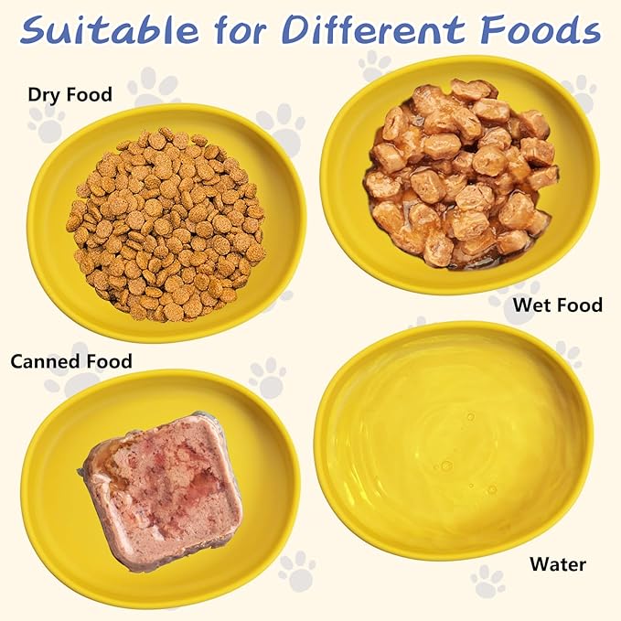 Fhiny 2 PCS Silicone Cat Food Bowls Shallow Dog Bowl 7" Non-Slip Pet Feeding Dishes for Dry and Wet Food Whisker Fatigue Cat Plates for Kitten Puppy and Small Pets(Yellow)