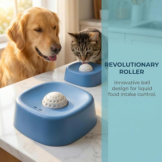 Slow Feeder Dog Bowl with Rolling Ball, Interactive Lick Bowl for Wet Food Water & Treats, Anti-Slip Puzzle Toy for Boredom & Anxiety Relief, for Large Medium Small Dogs (Blue+Black)
