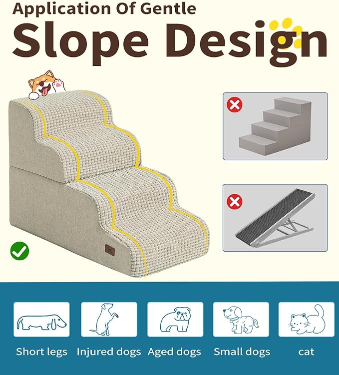 Dog Stairs for Bed, 19.7" H Dog Steps for High Bed Widen Stairs for Dogs Large 35D Foam Pet Ramp Stairs Pet Stairs for High Bed or Sofa Non-Slip Balanced Pet Step Indoor, Beige