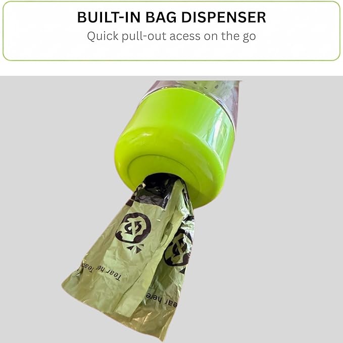 3-in-1 Dog & Cat Water Bottle with Food Container & Poop Bag Holder – Includes 60 Extra Waste Bags – 13.5oz Leak-Proof, BPA-Free Portable Pet Travel Dispenser, Green