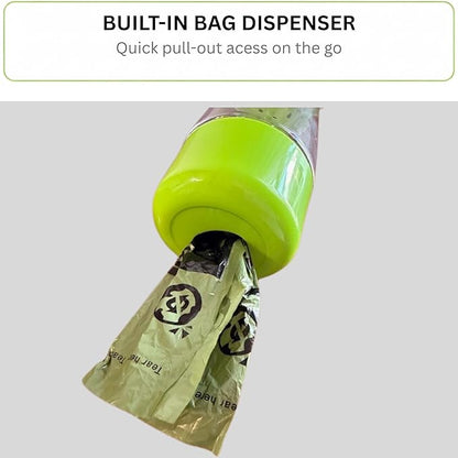 3-in-1 Dog & Cat Water Bottle with Food Container & Poop Bag Holder – Includes 60 Extra Waste Bags – 13.5oz Leak-Proof, BPA-Free Portable Pet Travel Dispenser, Green