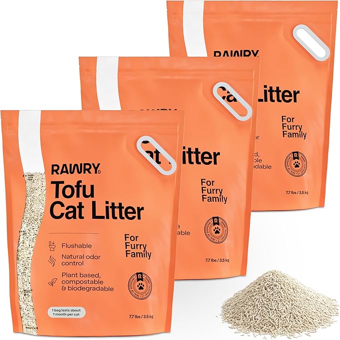 RAWRY Tofu Cat Litter | Clumping, Dust-Free, Unscented, Natural Compostable & Flushable Kitty Litter for Odor Control | 3 Month Supply: 23.1lb