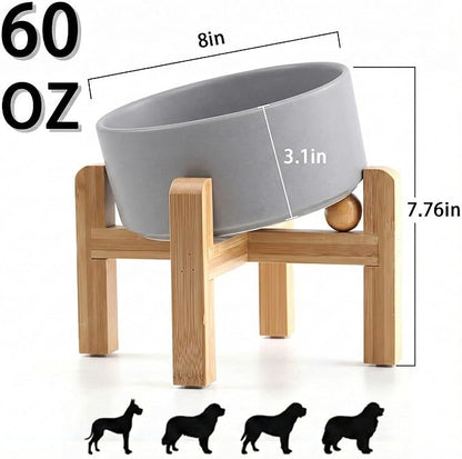 hjn Elevated Ceramic Dog Bowl 15°Slanted Raised Dog Bowl with Bamboo Stand for Small Medium Dogs and Cats, Pet Feeder -7.6-Cup (1800ml)-Gray