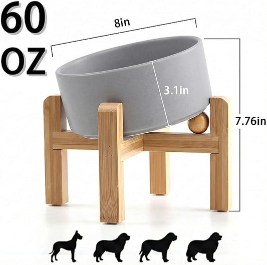 hjn Elevated Ceramic Dog Bowl 15°Slanted Raised Dog Bowl with Bamboo Stand for Small Medium Dogs and Cats, Pet Feeder -7.6-Cup (1800ml)-Gray