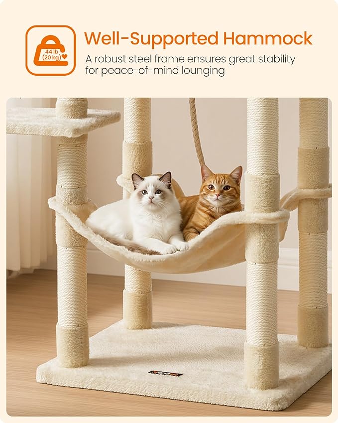 Feandrea Cat Tree, 56.3-Inch Cat Tower, Multi-Level Plush Condo with 11 Scratching Posts, 2 Perches, Hammock, Cave, Beige UPCT15BE
