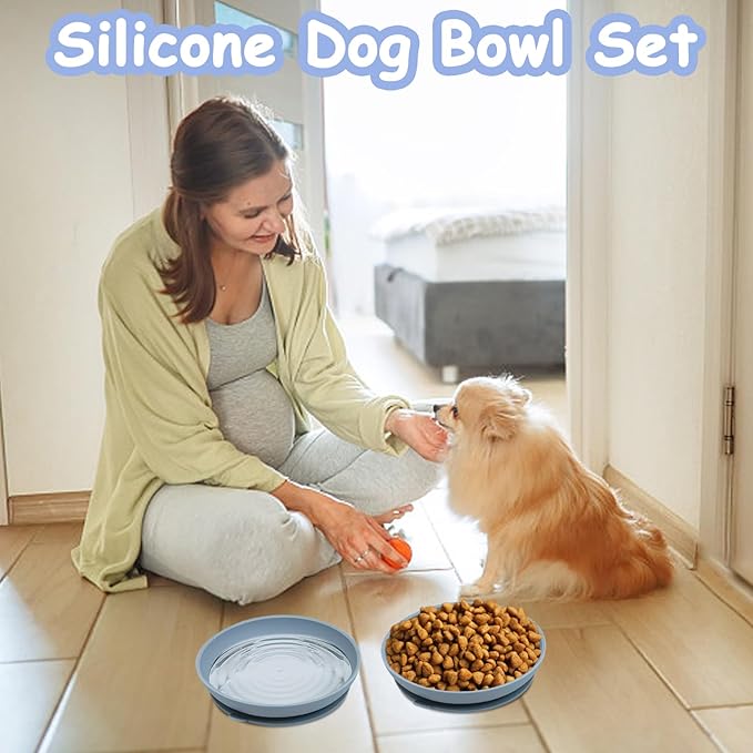 Silicone Dog Bowl Set of 2-7.7in No Spill Puppy Food and Water Dish Less Mess Cat Plates with Suction Cup Non-Tippable Feeding Bowls for Small & Medium-Sized Pets (Round Blue)