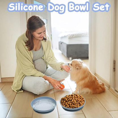 Silicone Dog Bowl Set of 2-7.7in No Spill Puppy Food and Water Dish Less Mess Cat Plates with Suction Cup Non-Tippable Feeding Bowls for Small & Medium-Sized Pets (Round Blue)