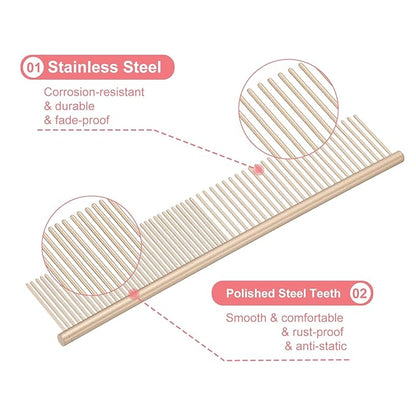 Dog Cat Comb, Pet Combs Stainless Steel Teeth with Rounded Ends for Knots Mats Loose Hair Removal, 7.5IN (Gold Coated, 3 Pack), Grooming Tool Intended for Long Curly Hair Pet