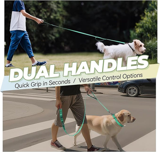 VIVAGLORY Dog Leash Twingrip Double Handle Dog Leash with Traffic Handle Control & 2 Loop for Walking & Training, Reflective Heavy Duty for Puppy Pet Collar, 6ft x 1/2in, Turquoise