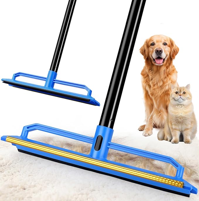 Carpet Rake for Pet Hair Removal Tool,2 in 1 Carpet Scraper Fur Sweep Dog Cat Hair Remover with 60" Long Handle for Carpets, Rugs, Couch,Sofa, Furniture,Blue