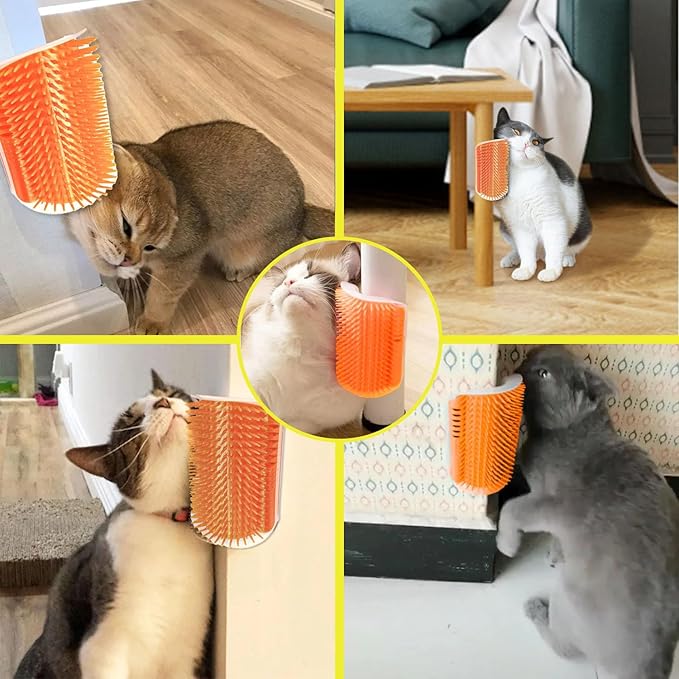 Cat Self Groomer – Wall Corner Grooming Brushes for Cats and Small Pets – Soft Silicone Massage Brush for Shedding Control and Face Rubbing (Orange)