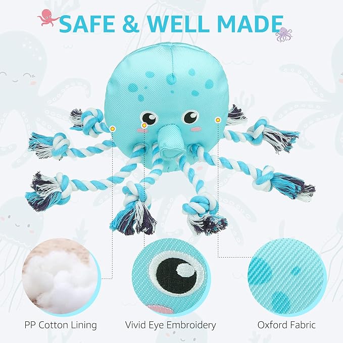 SCENEREAL Octopus Dog Squeaky Toy for Small Medium Dogs- Floating Dog Toys on Water for Pool Fetch, Puppy Interactive Rope Chew Toy for Indoor Outdoor Play