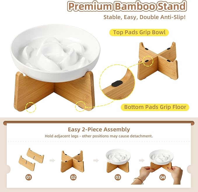 Elevated Slow Feeder Cat Bowl - Melamine Cat Food Plate with Anti-Slip Bamboo Stand - Whisker Friendly Feeding Bowl - Raised Maze Dish for Slow Eating - Ivory White