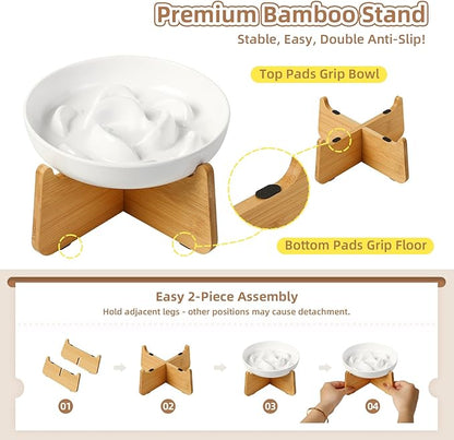 Elevated Slow Feeder Cat Bowl - Melamine Cat Food Plate with Anti-Slip Bamboo Stand - Whisker Friendly Feeding Bowl - Raised Maze Dish for Slow Eating - Ivory White