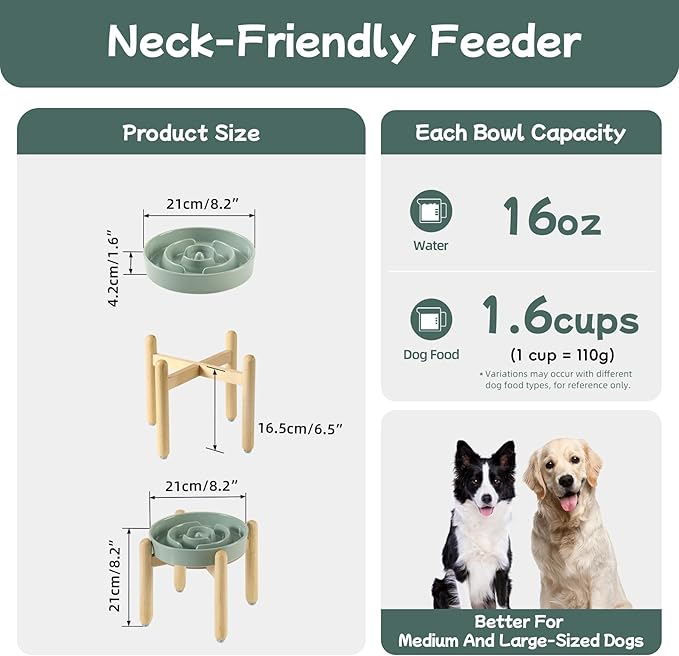 Ceramic 1.6 Cup Raised Slow Feeder Dog Bowl Set, Elevated Wooden Stand for Medium and Large Dog, 8.2inch Puzzle Slow Dish, Anti-Gulping(Light Green, Single Bowl+ Stand)