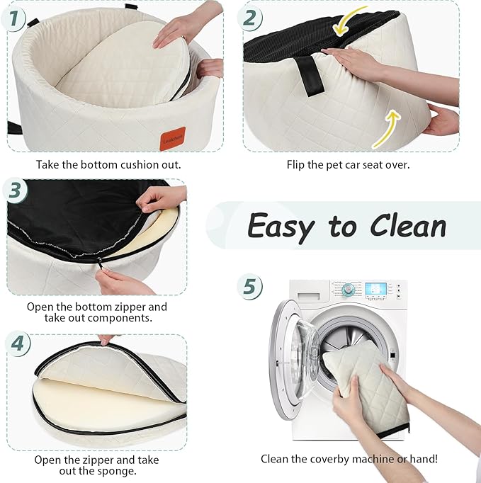 Lealchum Dog Car Seat for Small Dogs Up to 30 Lbs,Ultra Soft Fabric Fill in Comfy Memory Foam,Happy Pet Ride,2 Safety Dog Leashes,Fully Detachable and Washable,Anti Slip Base(Beige)