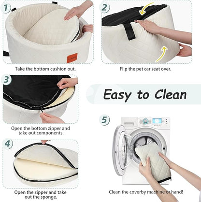 Lealchum Dog Car Seat for Small Dogs Up to 30 Lbs,Ultra Soft Fabric Fill in Comfy Memory Foam,Happy Pet Ride,2 Safety Dog Leashes,Fully Detachable and Washable,Anti Slip Base(Beige)