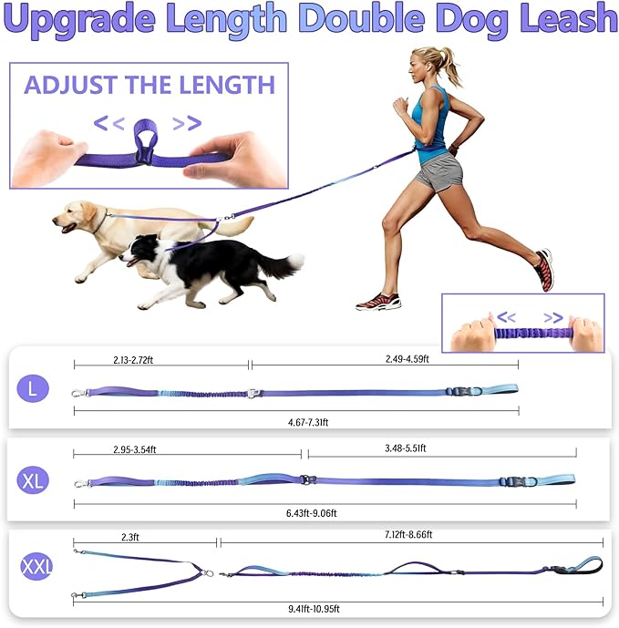 Roses&Poetry Hands Free Double Dog Leash for Two Dogs, 9-11ft Adjustable Bungee Walking Waist Lead, Dual Dog Leash with Tangle-Free Swivel for Medium Large Dogs Heavy Duty Running(Violet)