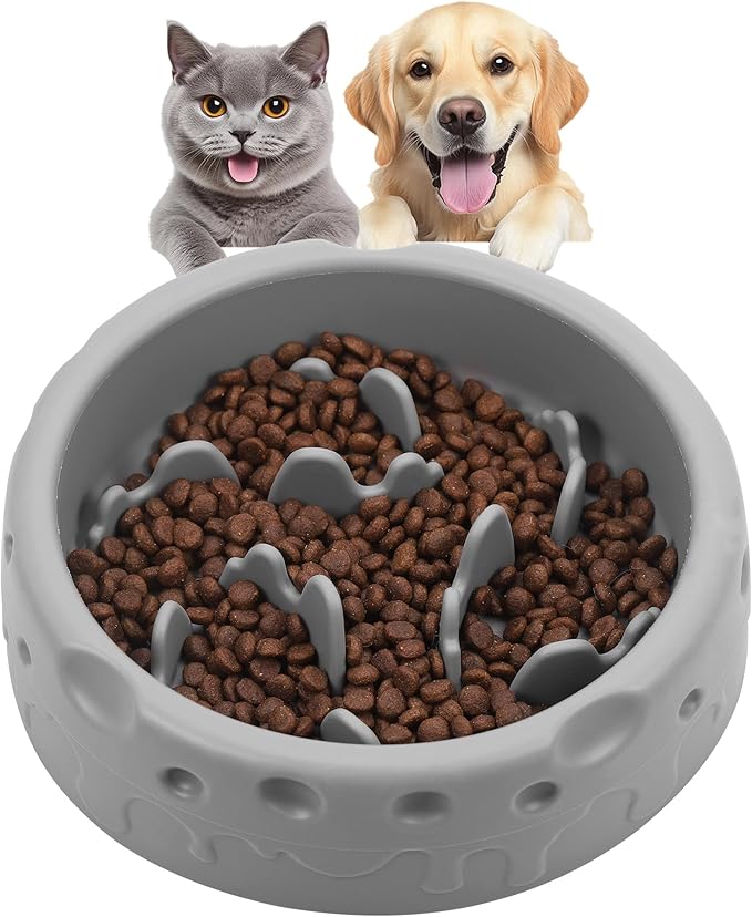 Slow Feeder Dog Bowls, Silicone Large Dog Plates for Food with Non-Slip, Cats Eating Dogs Bowl with Spiral Maze Design, Dogs Food Slow Feeder Bowl Dishes for Indoor and Outdoor (Grey)