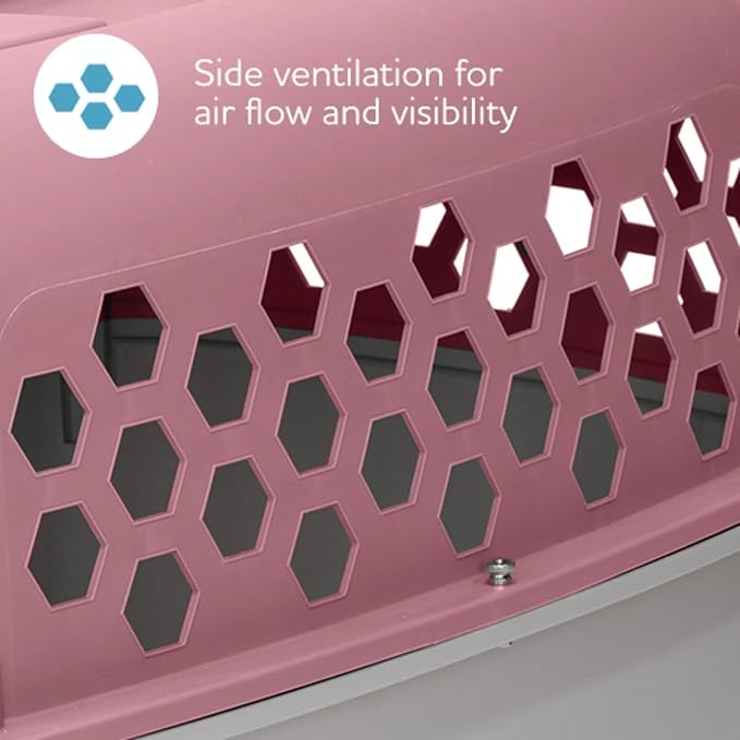 Pink Durable Plastic Dog & Cat Kennel with Two Door Openings, Indoor & Travel Pet Cage for Small Dogs & Cats, Maximum Pet Weight 30 lbs, 24" L x 16.5" W x 14.5" H