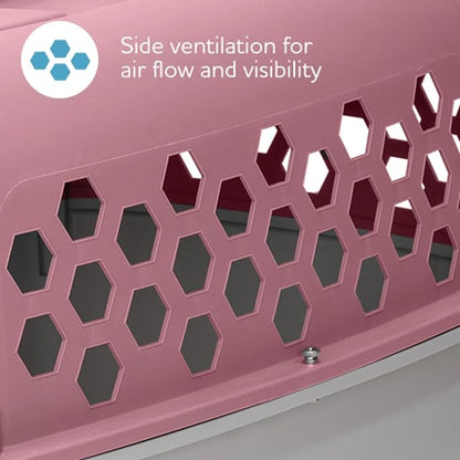 Pink Durable Plastic Dog & Cat Kennel with Two Door Openings, Indoor & Travel Pet Cage for Small Dogs & Cats, Maximum Pet Weight 30 lbs, 24" L x 16.5" W x 14.5" H