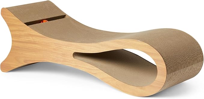 Amazon Basics Cat Scratcher Post Cat Scratcher Lounge Bed for Indoor Cats Bed Shaped Post Pad with Interactive Ball Toy & Catnip, FSC-Certified, 34.3 x 11.8 x 11.8 in, Wooden Color