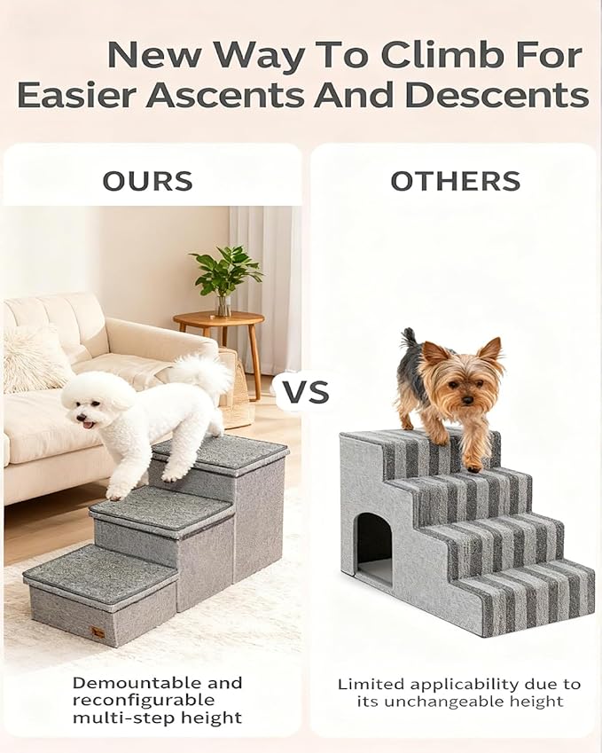 Dog Stairs with Storage, 3-Step Pet Stairs for Small & Medium Dogs and Cats, Dog Steps for Bed, Detachable & Reconfigurable Design, Anti-Slip Steps, Sturdy 132lbs Support, Ideal for Bed, Sofa & Window