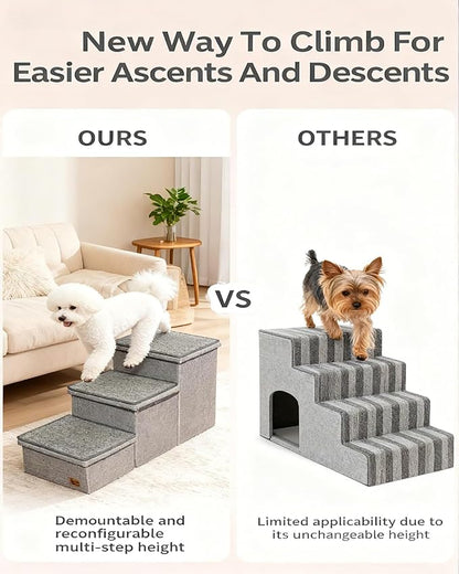 Dog Stairs with Storage, 3-Step Pet Stairs for Small & Medium Dogs and Cats, Dog Steps for Bed, Detachable & Reconfigurable Design, Anti-Slip Steps, Sturdy 132lbs Support, Ideal for Bed, Sofa & Window