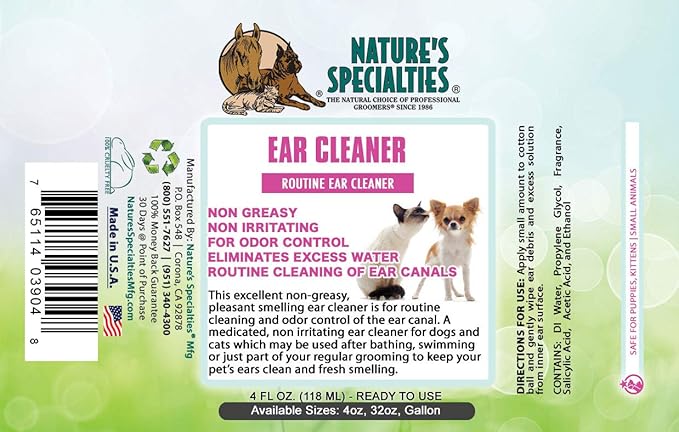 Nature's Specialties Dog Ear Cleaner Medicated Solution Non-Greasy Non-Irritation Made in USA Non-Toxic, 32 Ounces