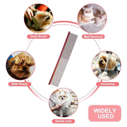 Dog Cat Comb, Pet Combs Stainless Steel Teeth with Rounded Ends for Knots Mats Loose Hair Removal, 6.5/7.5IN (Purple Plated, 2 Pack), Grooming Tool Intended for Long Curly Hair Pet