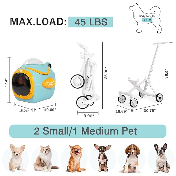 4 in 1 Foldable Pet Stroller with Detachable Carrier for Small Dogs & Cats, Space Capsule Travel Stroller with Inbuilt Fan,Temperature Display & Night Light,Puppy Kitty Doggie Bunny Stroller(Blue)